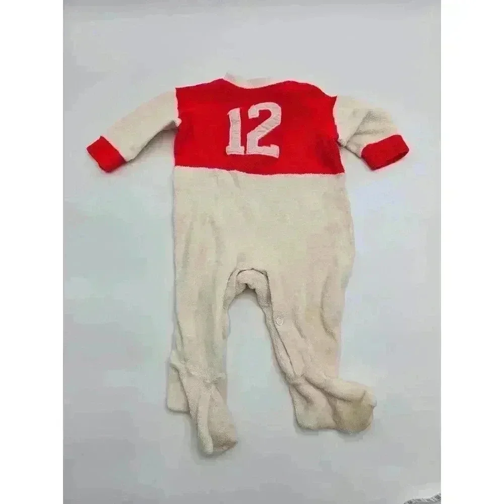 Vintage Boys Creevy Creations 12 White and Red One Piece Sleeper Football Outfit